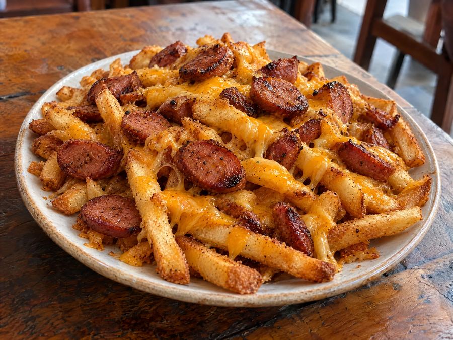 Batata frita com calabresa e cheddar